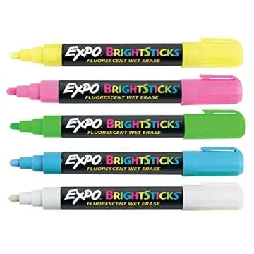 EXPO Bright Sticks Wet Erase Fluorescent Markers, Bullet Tip, Assorted Colors, 5 Count