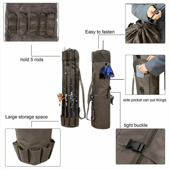 Durable Fishing Rod & Reel Organizer Bag - Holds 5 Poles