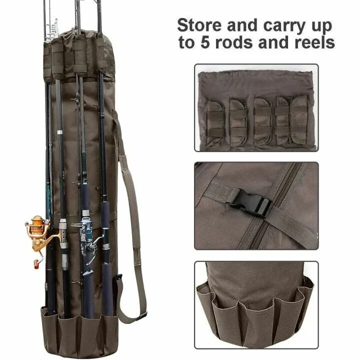 Durable Fishing Rod & Reel Organizer Bag - Holds 5 Poles