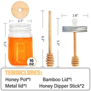 GIVAMEIHF 16oz Glass Honey Jar with Dipper,Honey Container with Wooden Honey Dipper,Honey Jars with Lids,Honey Pot Ideal for Honey and Syrup