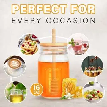GIVAMEIHF 16oz Glass Honey Jar with Dipper,Honey Container with Wooden Honey Dipper,Honey Jars with Lids,Honey Pot Ideal for Honey and Syrup