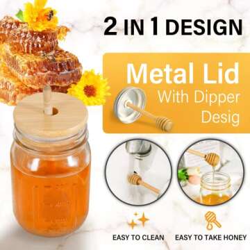 GIVAMEIHF 16oz Glass Honey Jar with Dipper,Honey Container with Wooden Honey Dipper,Honey Jars with Lids,Honey Pot Ideal for Honey and Syrup