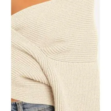 BTFBM Women Casual V Neck Long Sleeve Sweaters Cross Wrap Front Off Shoulder Asymmetric Hem Knitted Crop Solid Pullover