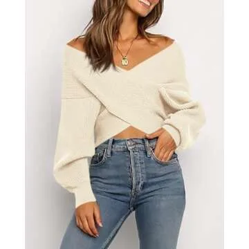 BTFBM Women Casual V Neck Long Sleeve Sweaters Cross Wrap Front Off Shoulder Asymmetric Hem Knitted Crop Solid Pullover