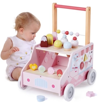 labebe Wooden Baby Walker, Push Activity Walker for Kids 12M+, Multifunctional Ice Cream Cart Activi...