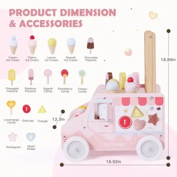 Labebe Wooden Baby Walker for Kids 12M+ Ice Cream Cart