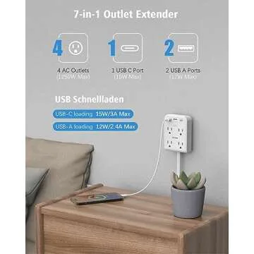 Flat Plug Outlet Extender with 3 USB Wall Plug(1 Type C), 4 AC Socket Wall Adapter, Electrical Outlet Extender, Power Strip Surge Protection with 8 ft Thin Extension Cord. White