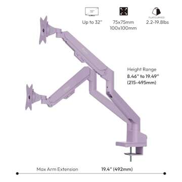 Pixio PS1D Wave Purple Dual Monitor Arm Stand Desk Mount - Fits up to 32 inches Monitors and up to 19.8lbs. VESA Compatibility and Integrated Cable Management