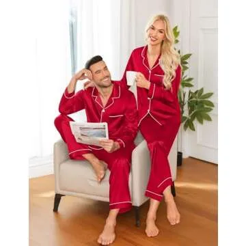 SWOMOG Couple Matching Pajamas Set - Elegant Silk Satin Sleepwear