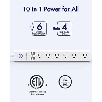 Power Strip 10Ft - Surge Protector with USB, AUOPLUS 6 Outlet and 4 USB Charger, 10Ft Long Extension...