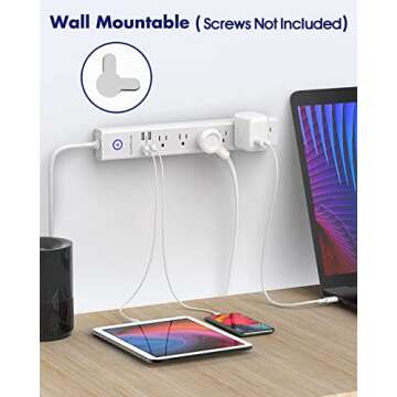 Power Strip 10Ft - Surge Protector with USB, AUOPLUS 6 Outlet and 4 USB Charger, 10Ft Long Extension Cord Flat Plug(1250W/10A/2100J), Wall Mountable Overload Protection for Computer Home Office Dorm