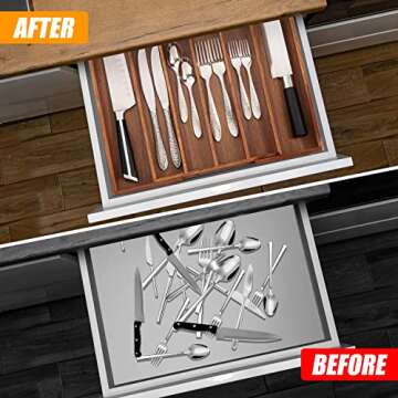Bellsal Acacia Silverware Organizer - Expandable Bamboo Kitchen Drawer Organizer