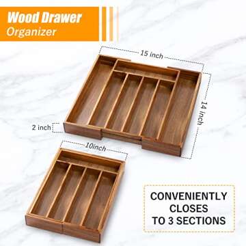 Expandable Bamboo Silverware Organizer for Kitchen Utensils
