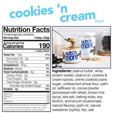 Nuts ‘N More Cookies N Cream Peanut Butter Spread - High Protein, Low Carb, Low Sugar, Gluten Free, Non-GMO, All-Natural Nut Butter Snack (15oz Jar)
