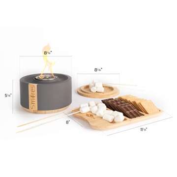 TerraFlame Portable Indoor and Outdoor Smoke Free Clean Burning Gel Fuel S'mores Roaster Tabletop Gift Set with Bamboo Tray - Gray