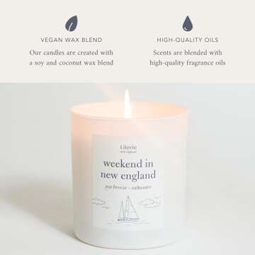 Literie NYC Inspired Scented Candle: Weekend in New England - Sea Breeze & Saltwater Scent, 9oz, 50 Hour Burn, Vegan Soy & Coconut Blend Candle for Home Decor, Gift for Women & Men