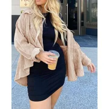 JINZHAO Womens Corduroy Peplum Shirts Tops Cute Long Sleeve Button Down Blouses with Pockets Khaki