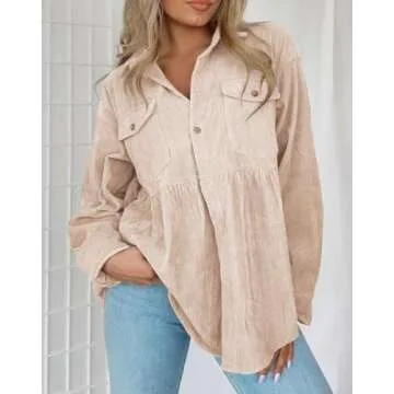 JINZHAO Womens Corduroy Peplum Shirts Tops Cute Long Sleeve Button Down Blouses with Pockets Khaki