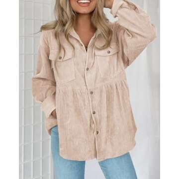 JINZHAO Womens Corduroy Peplum Shirts Tops Cute Long Sleeve Button Down Blouses with Pockets Khaki