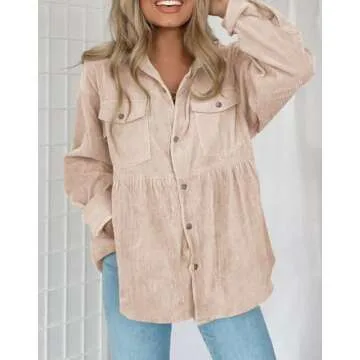 JINZHAO Womens Corduroy Peplum Shirts Tops Cute Long Sleeve Button Down Blouses with Pockets Khaki