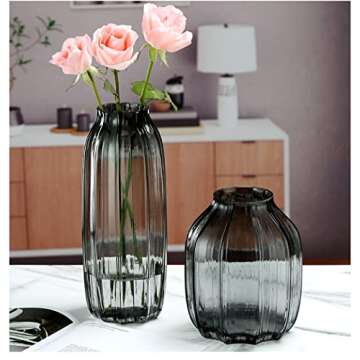 Black Grey Glass Vase for Flowers,Dark Grey Bud Tall Glass Vases,H-8.0" Simple Striped Design for Home Floor Decor,Farmhouse Decor, Centerpiece Coffee Table Decorations