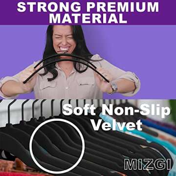MIZGI Premium All Black Velvet Hangers with Black Hooks (50 Pack) Heavy Duty - Non Slip Felt Hangers...