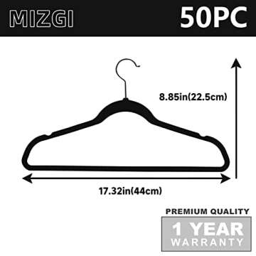 MIZGI Premium All Black Velvet Hangers with Black Hooks (50 Pack) Heavy Duty - Non Slip Felt Hangers - 360 Degree Swivel,Space Saving Clothes Hangers,Durable Strong Hangers for Suits,Coat
