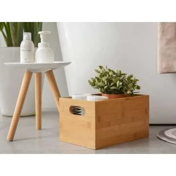 StorageWorks Bamboo Organizers for Shelves, Handcrafted Bamboo Storage Containers for Snacks, Spices, or Drinks, Wooden Crates with Built-in Handles, Medium, 2 Pack