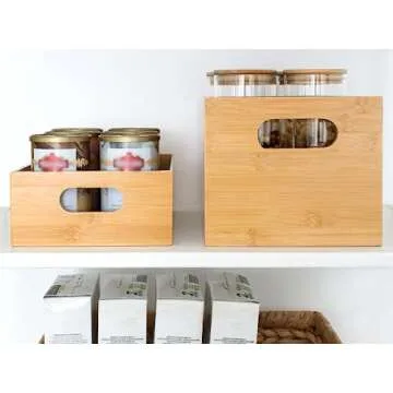StorageWorks Bamboo Organizers for Shelves, Handcrafted Bamboo Storage Containers for Snacks, Spices, or Drinks, Wooden Crates with Built-in Handles, Medium, 2 Pack