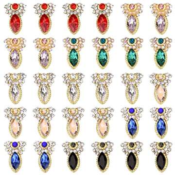 TEEKME 30pcs Gold Metal Nail Art Decoration Charms Pearls Rhinestones Luxury 3D Jewel Crystals Mix 7...