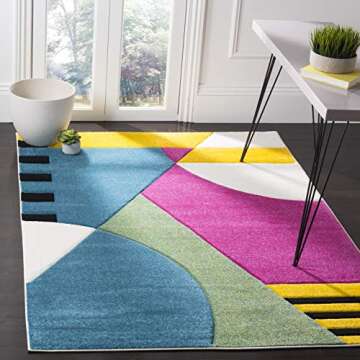 SAFAVIEH Hollywood Collection Accent Rug - 4' x 6', Peacock Blue & Fuchsia, Mid-Century Modern Design, Non-Shedding & Easy Care, Ideal for High Traffic Areas in Foyer, Living Room, Bedroom (HLW706C)