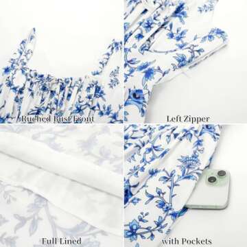 Scarlet Darkness Floral Dress for Women Ruched Bust Flowy Spring Summer Sundress White Blue Floral XXL