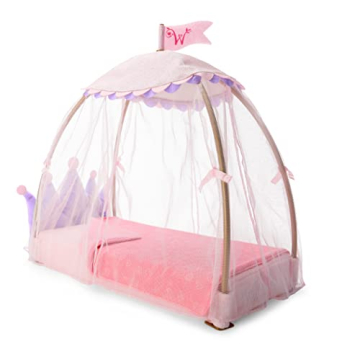 American Girl WellieWishers 14.5-inch Doll Royal Canopy Bed Playset with Mesh Drapes, Flag, and Blan...