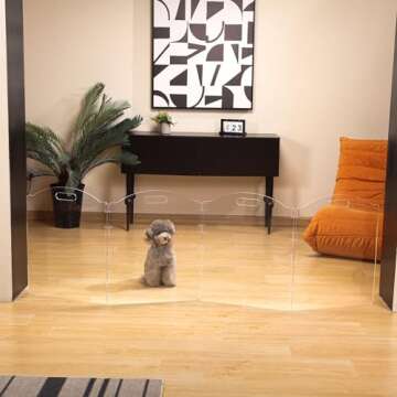 Dog Gate for The House, Clear Acrylic Pet Gate for Dogs, Freestanding Dog Gates for Doorways, Folding Free Standing Puppy Doggy Cat Fence for Inside, Dog Barriers for Home 4 Panel