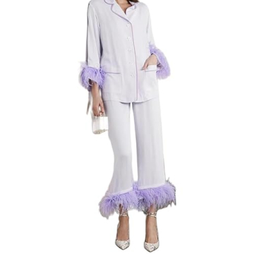 NUFIWI Women's 2-Piece Satin Pajamas Set - Feather Trim Luxury Loungewear