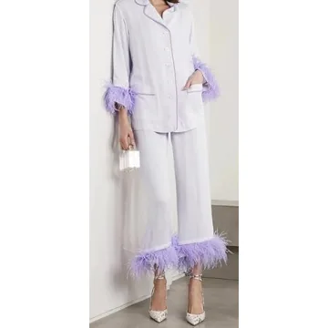 NUFIWI Women's Satin Pajamas Set Feather Trim Loungewear