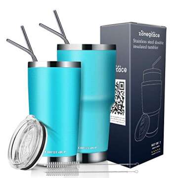 Zonegrace 2 Pack Aquamarine Blue 20 oz and 30 oz Classic Tumbler with Straw Lid Travel Mug Gift Vacuum Insulated Coffee Beer Pint Cup 18/8 Stainless Steel Water Bottle