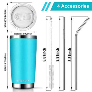 Zonegrace 2 Pack Aquamarine Blue 20 oz and 30 oz Classic Tumbler with Straw Lid Travel Mug Gift Vacuum Insulated Coffee Beer Pint Cup 18/8 Stainless Steel Water Bottle