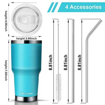 Zonegrace 2 Pack Aquamarine Blue 20 oz and 30 oz Classic Tumbler with Straw Lid Travel Mug Gift Vacuum Insulated Coffee Beer Pint Cup 18/8 Stainless Steel Water Bottle