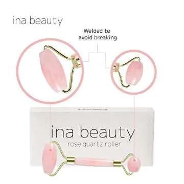 Ina Beauty Authentic Rose Quartz Roller Massager for Face and Neck: Sculpting, Slimming, Firming, Anti-Aging and Anti-Puffiness | Quality Welded Metal to Avoid Breakage Unlike Cheaper Models