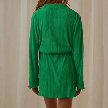 Yeenily Women Pleated Long Sleeve Shirt Dress Smart Style