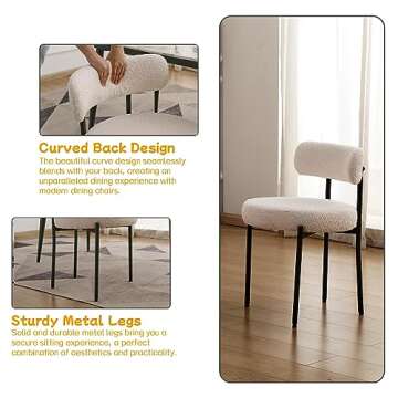 EDWELL White Dining Chairs Set of 6, Modern Dining Room Chairs with 3.94“ Cushions Mid-Century, Round Upholstered Boucle Chairs for Kitchen, Living Room, Kitchen Chairs with Black Metal Legs