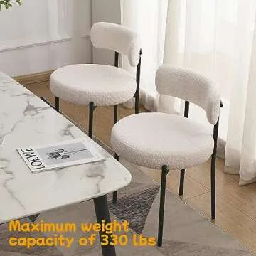 EDWELL White Dining Chairs Set of 6, Modern Dining Room Chairs with 3.94“ Cushions Mid-Century, Round Upholstered Boucle Chairs for Kitchen, Living Room, Kitchen Chairs with Black Metal Legs