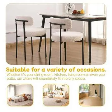 EDWELL White Dining Chairs Set of 6, Modern Dining Room Chairs with 3.94“ Cushions Mid-Century, Round Upholstered Boucle Chairs for Kitchen, Living Room, Kitchen Chairs with Black Metal Legs