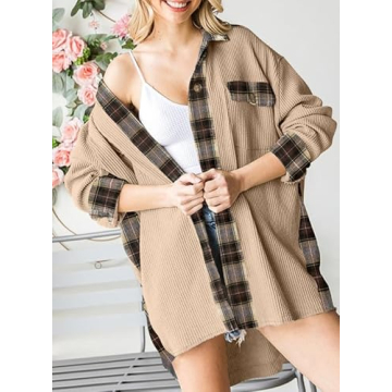 SHEWIN Womens Waffle Knit Plaid Shacket for Fashionable Layering