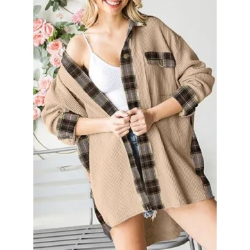 SHEWIN Womens Waffle Knit Plaid Shacket for Fashionable Layering