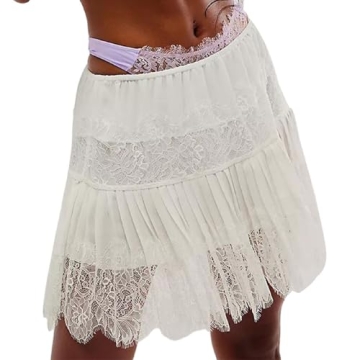 Women Y2k Lace Mini Skirts Summer Lace Slip Skirt Pleated Ruffle Floral Lace Tiered Short Skirts Und...