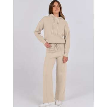 ANRABESS Women 2 Piece Outfits Sweater Sets Loose Long Sleeve Hoodies Knit Pullover Wide Leg Pants 2025 Fall Lounge Sweatsuit Beige Medium