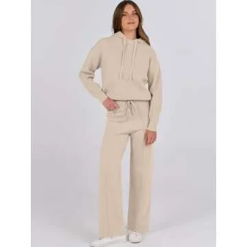 ANRABESS Women 2 Piece Outfits Sweater Sets Loose Long Sleeve Hoodies Knit Pullover Wide Leg Pants 2025 Fall Lounge Sweatsuit Beige Medium