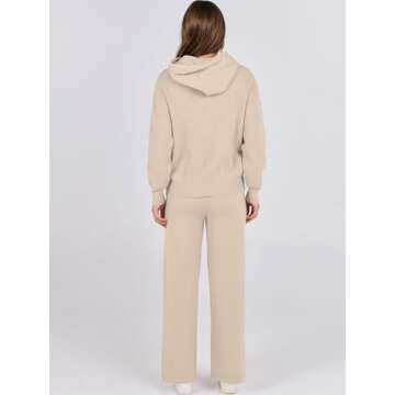 ANRABESS Women 2 Piece Outfits Sweater Sets Loose Long Sleeve Hoodies Knit Pullover Wide Leg Pants 2025 Fall Lounge Sweatsuit Beige Medium